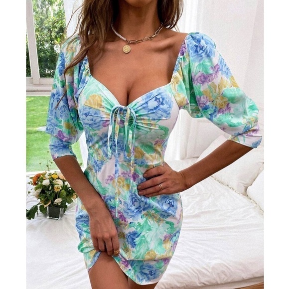 NEW ZARA Floral Off Shoulder Sweetheart Neck‎ Puff Short Sleeve Cotton Dress XS - Picture 9 of 10